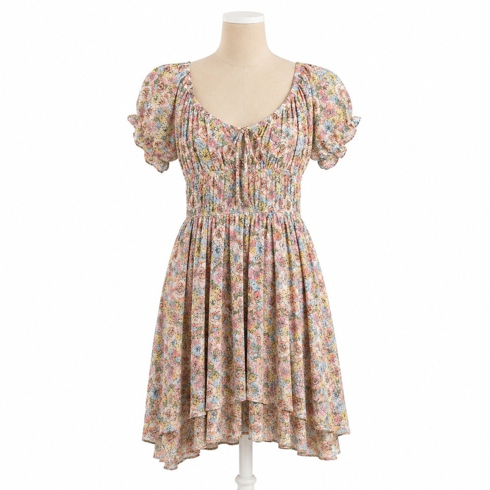 Ditsy Floral Puff Sleeve Smocked Peasant Dress Size S Cottagecore Fairy Boho
